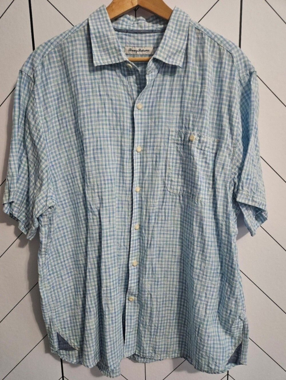 Tommy Bahama Linen Blend Button Down Gingham Plaid Collared Shirt, Size XL